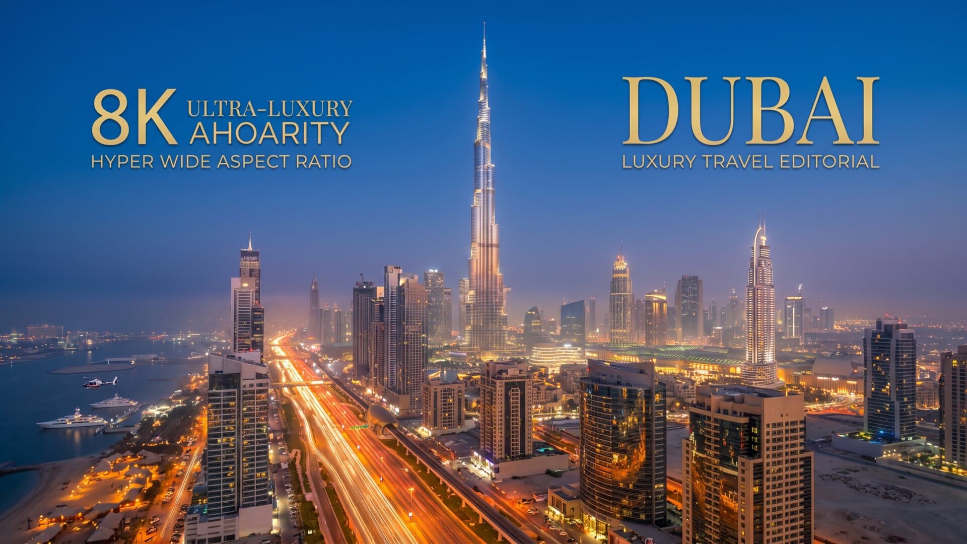 Skyline de Dubái al atardecer con Burj Khalifa
