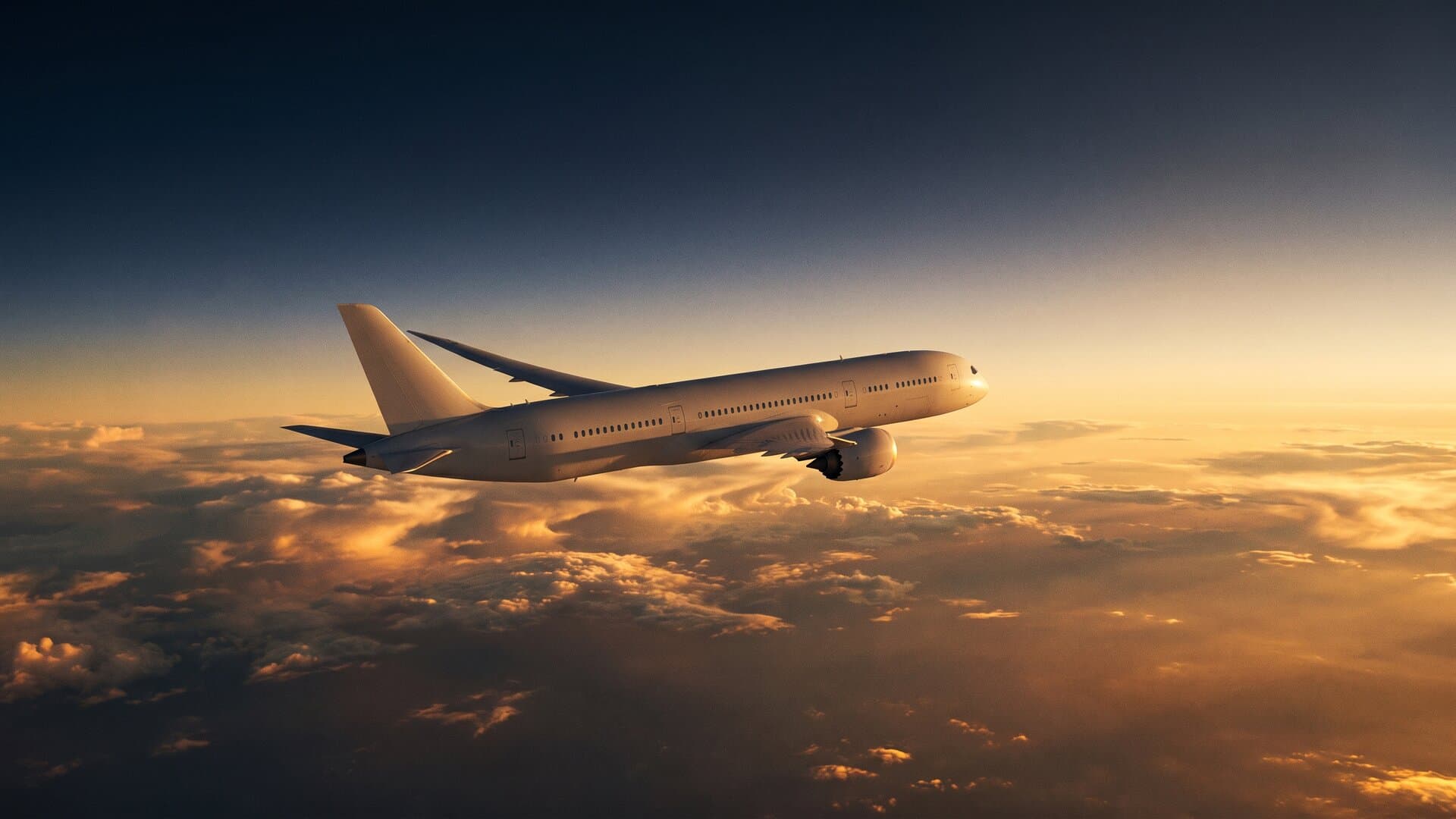 Avión comercial sobre nubes dramáticas, fotografía de viaje premium