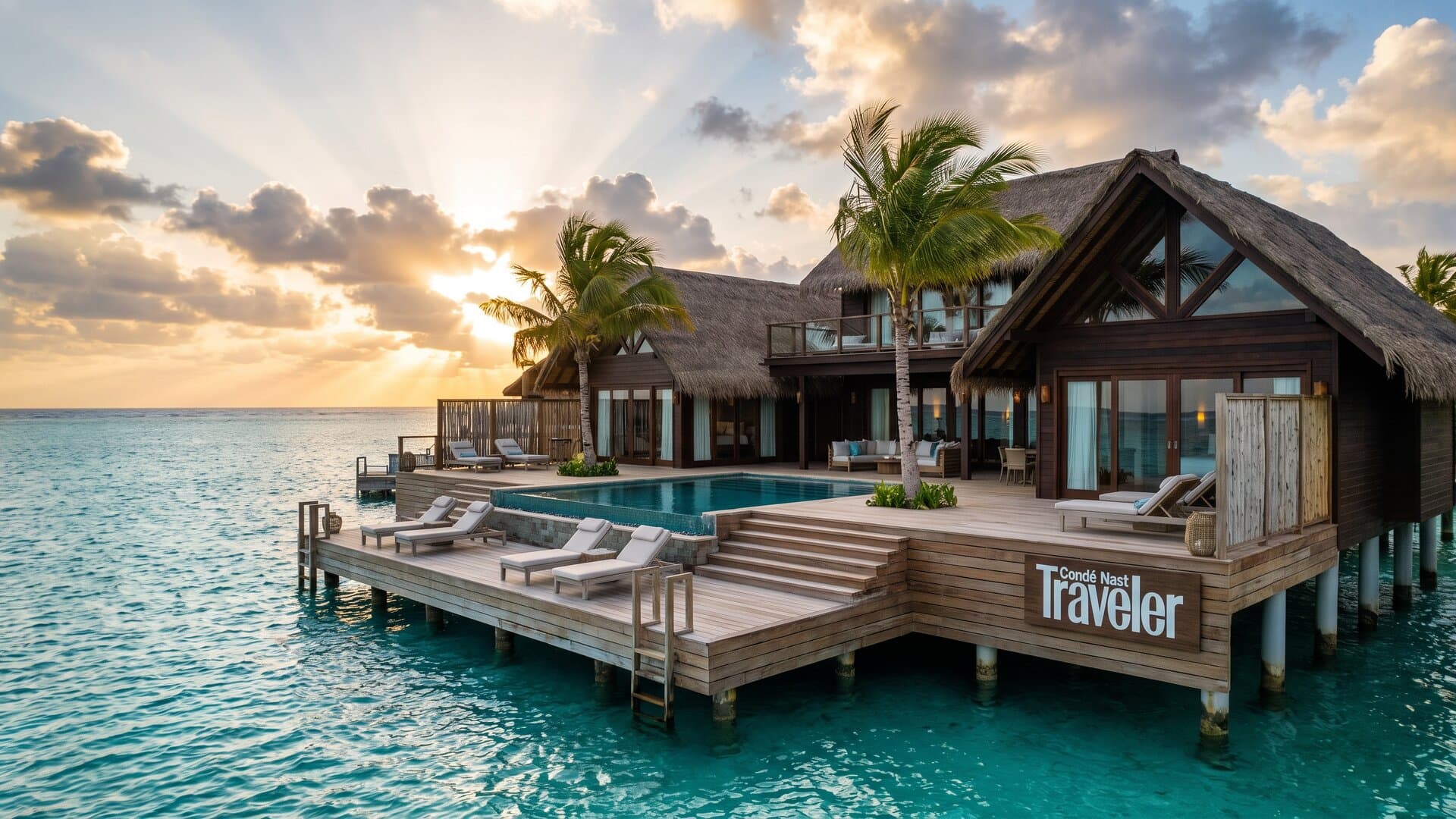 Resort tropical de lujo con bungalows sobre agua turquesa en Punta Cana